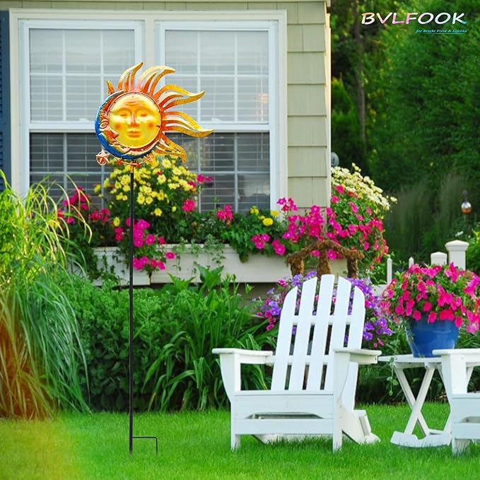 Solar Light Outdoor Garden Decoration Colorful Metal & Glass Sun Moon Star Valentine Stake Decorative Waterproof Warm White LED Yard Decor for Pathway Lawn Patio Backyard