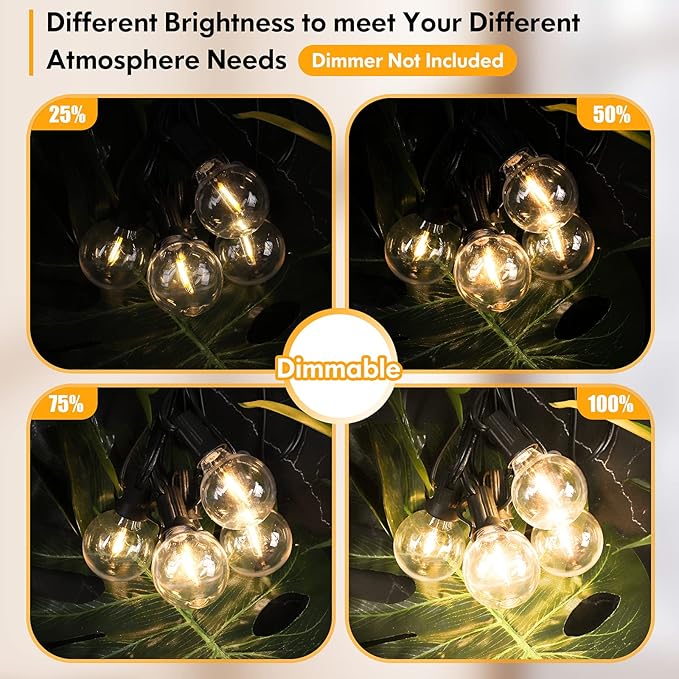 100FT LED Outdoor String Lights Patio Light with 52 Shatterproof G40 Dimmable Globe Bulb, 2-Pack 50FT Waterproof | Lumora