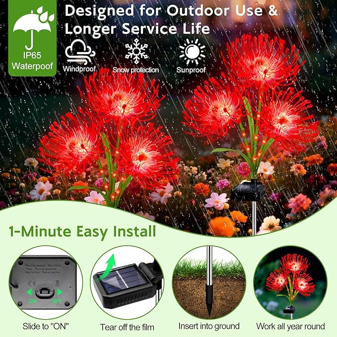 Solar Garden Flower Lights Outdoor, 6 Pack Red Spider Lily with Glowing Stems, Waterproof LED Yard Lawn Pathway Decor, Elegant Patio Garden Decoration, Mother’s Day Gifts for Mom, Grandma, Women