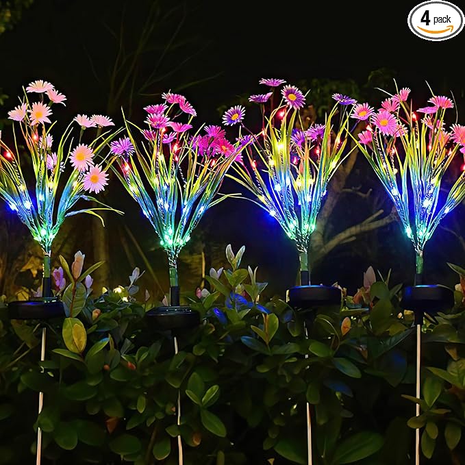 Decorative Solar Garden Lights, 4 Pack LED Lily and Butterfly Flower Outdoor Waterproof Lights for Yard, Patio, Lawn (Daisy)