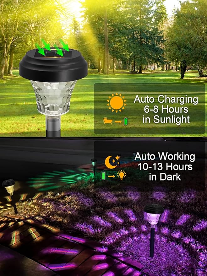 ROOR Solar Pathway Lights 2 Pack, Outdoor Solar Yard Lights, RGB Color Changing+Warm White, IP67 Waterproof LED Solar Lights for Garden Path Backyard Christmas Lawn Landscape Decorative