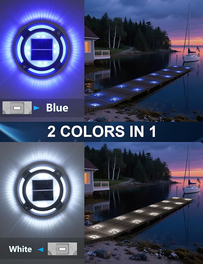 VOLISUN Solar Driveway & Deck Lights 8 Pack Waterproof Dock & Marine Ground Lights,2-in-1 Blue & White LED,Solar Marker for Pathways,Steps,and Warning Signs,Auto On/Off