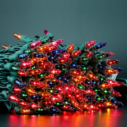 YULETIME 200 Multicolor Christmas Lights, Pack of 2 Sets 33 Feet 100 Count UL Certified Incandescent String Lights (Multicolor - Green Wire)