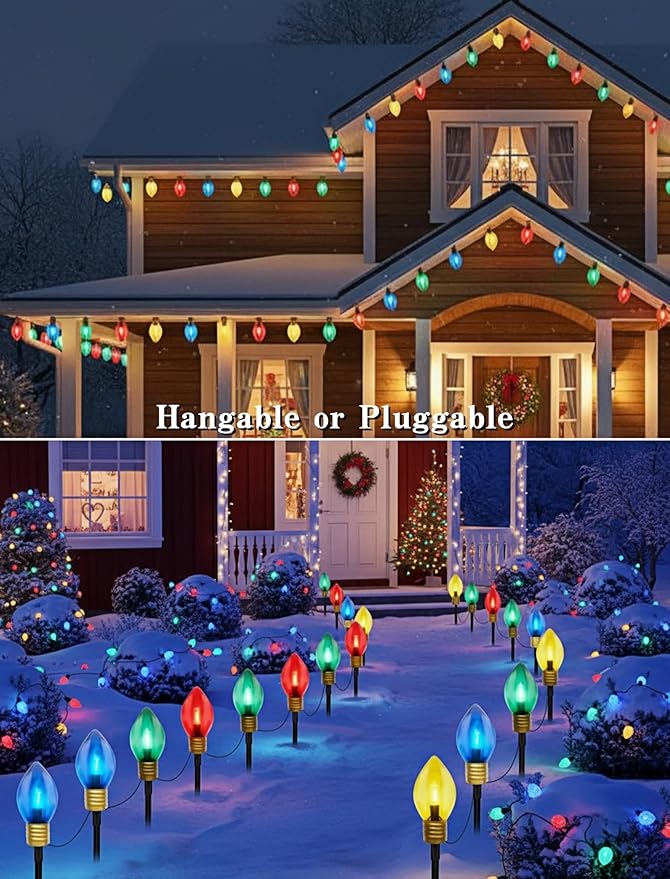2 Pack 7FT LED Jumbo C9 Christmas Lights Pathway,4 Christmas Walkway Lights with Pathway Marker Stakes,Jumbo Clear Multicolor Big Light Bulb for Driveways Garden Holiday Christmas Decor