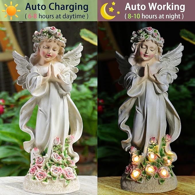 Solar Garden Statues Lights, Guardian Angel Figurines Light with Flower, Resin Praying Angel Figurine Lights Landscape Light, Outdoor Decor Garden Figurine for Patio Balcony Yard Lawn (White Angel)