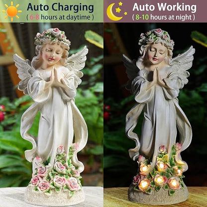 Solar Garden Statues Lights, Guardian Angel Figurines Light with Flower, Resin Praying Angel Figurine Lights Landscape Light, Outdoor Decor Garden Figurine for Patio Balcony Yard Lawn (White Angel)