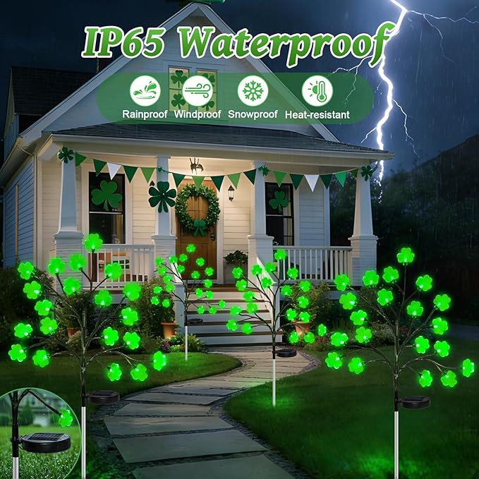 4 Pack St Patricks Day Solar Outdoor Lights, 80 LED St Patricks Day Decorations, Solar Shamrock Stakes Lights with | Lumora