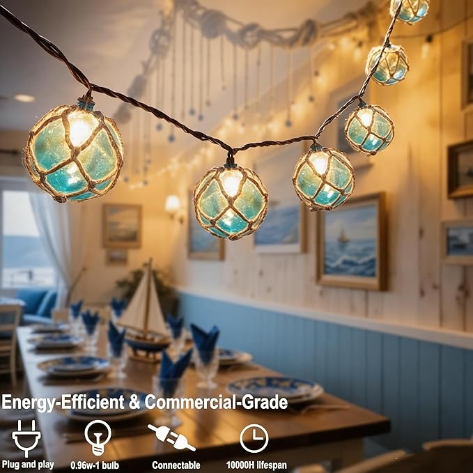 Decorative String Lights Plug in with 10 Incandescent Bulbs, Nautical Fishing Float String Lights Connectable Weatherproof for Indoor Home Tiki Bar Decor and Outdoor Patio Decorations (Aqua Blue)
