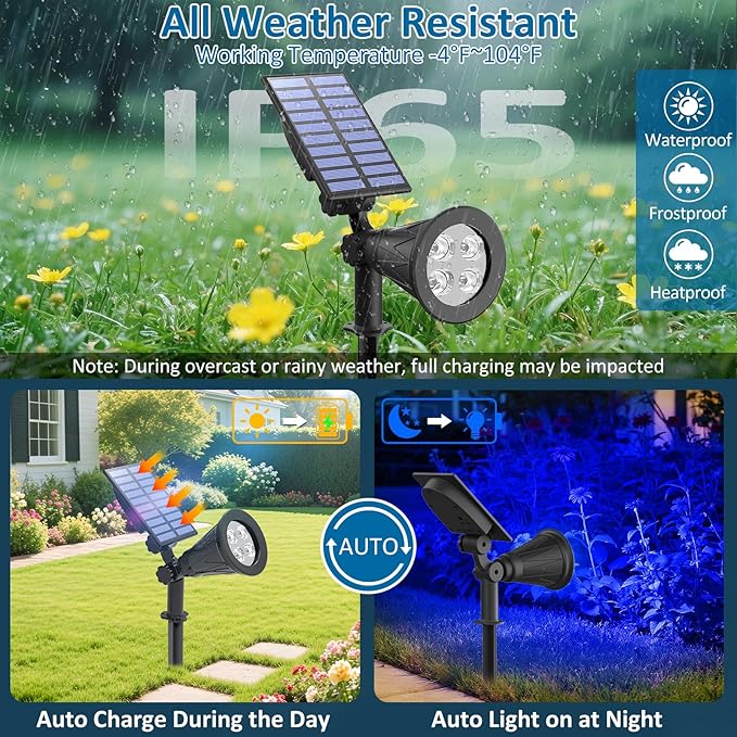 T-SUNUS Blue Solar Lights Outdoor Christmas, 2 Modes Garden Spotlights Waterproof IP65 Auto On/Off Security | Lumora