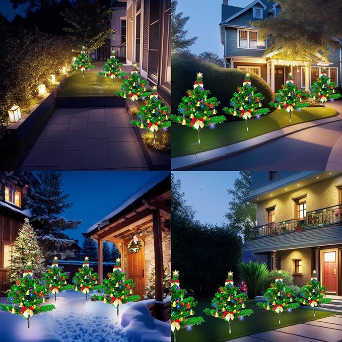 Solar Christmas Tree Pathway Stake Lights, 4 Pack Outdoor Christmas Tree Decorations, Multicolor 8 Lighting Modes Waterproof Solar Powered Lights for Outside Garden Yard Cemetery Xmas