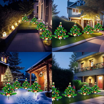 Solar Christmas Tree Pathway Stake Lights, 4 Pack Outdoor Christmas Tree Decorations, Multicolor 8 Lighting Modes Waterproof Solar Powered Lights for Outside Garden Yard Cemetery Xmas