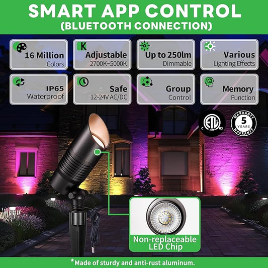 Smart Landscape Spotlights Low Voltage - RGBCW 5W LED Outdoor Uplight, 12V Landscape Spot Lights App Controlled, IP65 Waterproof Wired Aluminum, Black for Exterior House Tree Garden Yard