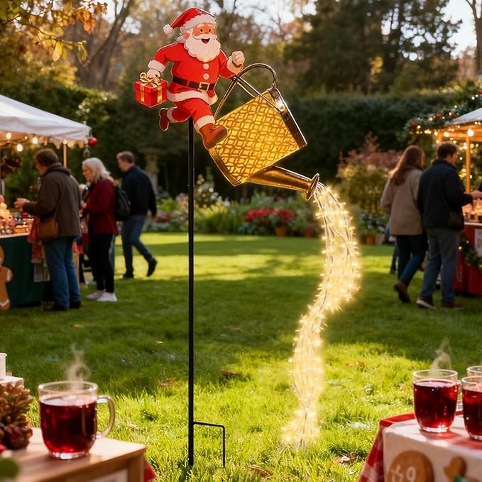 Christmas Santa Solar Kettle Lights, Waterproof Solar Watering Can with Cascading Lights, Garden Lawn Decorative Light, Hanging Metal Solars Santas Watering Can Led Light for Yard Pathway