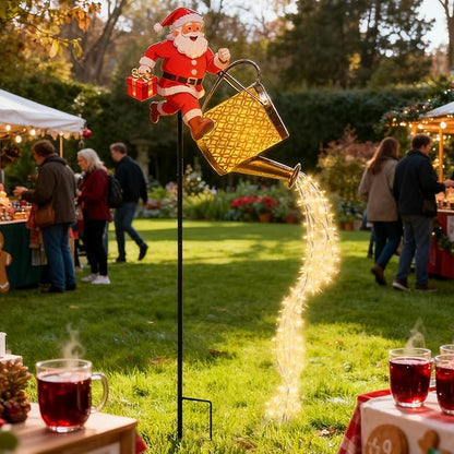 Christmas Santa Solar Kettle Lights, Waterproof Solar Watering Can with Cascading Lights, Garden Lawn Decorative Light, Hanging Metal Solars Santas Watering Can Led Light for Yard Pathway