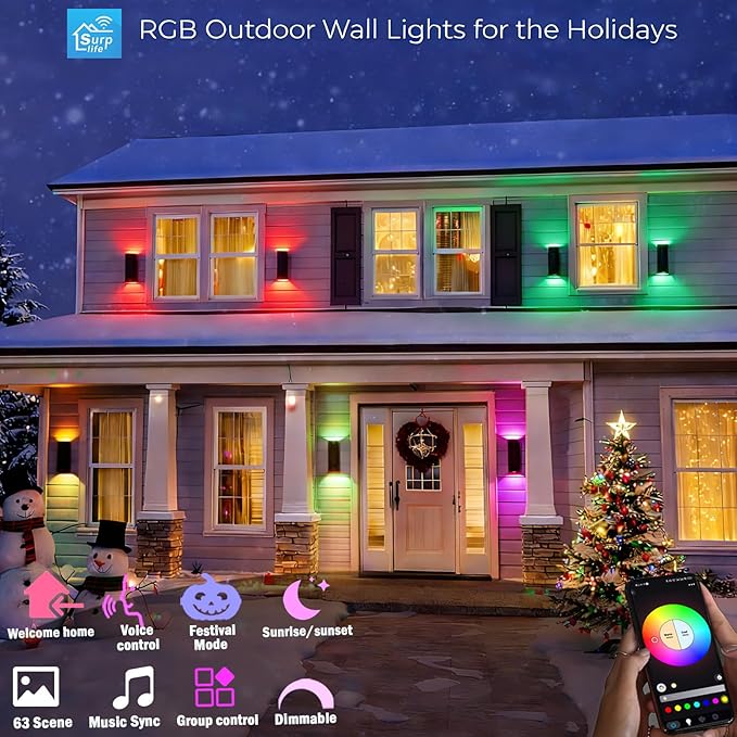 Tunable White Exterior Wall Light Fixtures 1200lm, RGB Color Up Down Outdoor Lights 2 Pack,Modern Dusk to Dawn Outdoor Lighting - Smart Outside Wall Lights for Garage,Porch（UL Listed