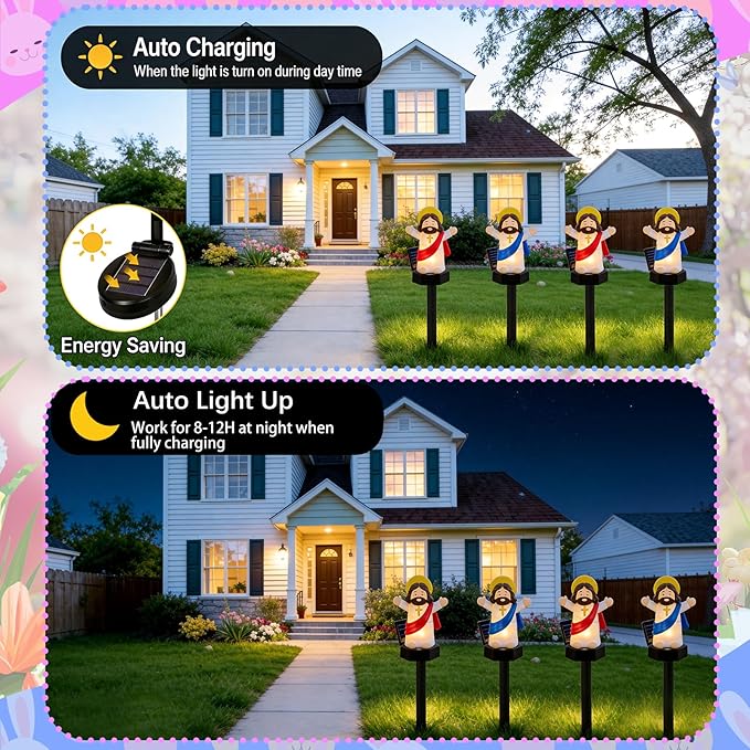 8 Pack Solar Easter Lights, Garden Pathway Lights Outdoor Jesus Lights Waterproof Solar Stake Light for Pathway Landscape Lawn Yard Porch Patio Spring Easter Decoration