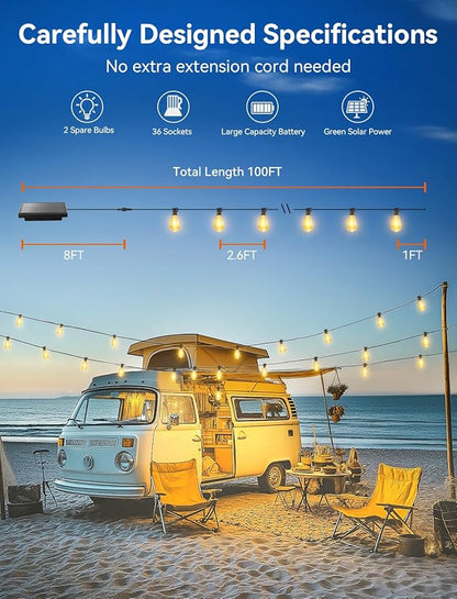 Brightever 100FT Solar String Lights Outdoor Waterproof, Patio Lights Solar Powered with Remote, 36+2 Shatterproof ST38 LED Bulbs 3 Lighting Modes, Dimmable Solar Lights for Backyard, Garden, Deck