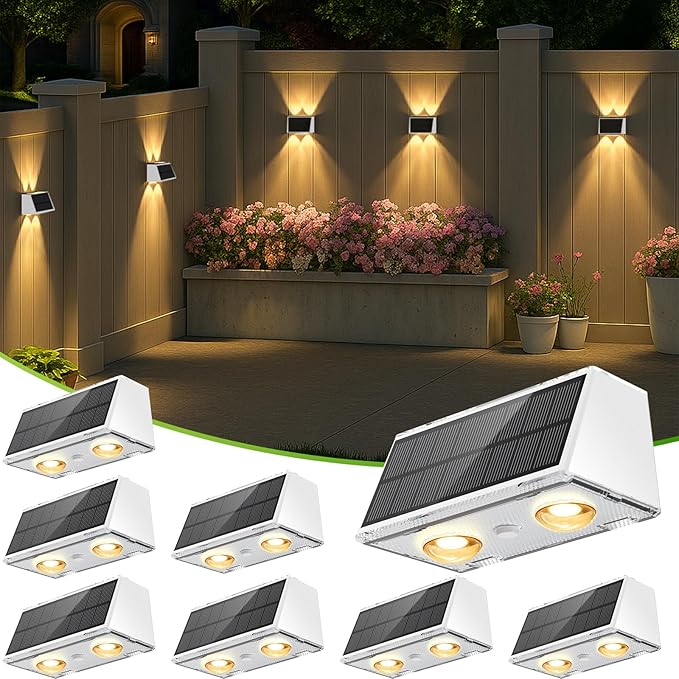 LANSOW Solar Fence Lights 8 Pack, Solar Powered Lights Outdoor Waterproof, 9-Mode Warm/Cool White & RGB Up-Down Led Spot Wall Lights Dusk to Dawn Decor for Backyard, Deck, Patio, Pool, Railing(White)