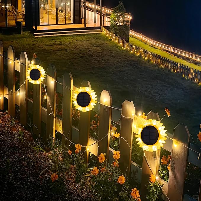 HUYIENO Solar Lights Outdoor Garden Decor Sunflower Waterproof Pathway Fence Lighting Ground/Wall Mounting 2 in 1 for Garden,Patio,Yard Decoration