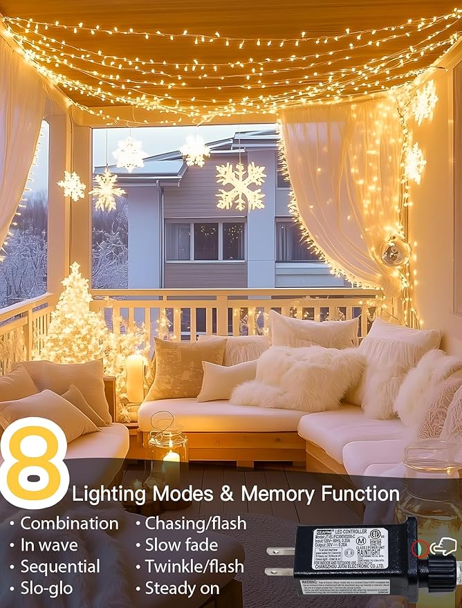 98FT 200 LEDs String Lights Waterproof Fairy Lights 8 Modes with Memory 30V Power Supply for Home, Garden, Wedding, Party, Christmas Decoration Indoor Outdoor (Warm White)