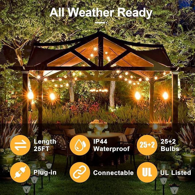 25Ft Christmas Outdoor String Light, G40 Globe Patio Lights with 27 Clear Glass Bulbs(2 Spare), Waterproof Connectable Hanging Christmas Lights for Backyard Porch Balcony Party Xmas Decor, Green Wire