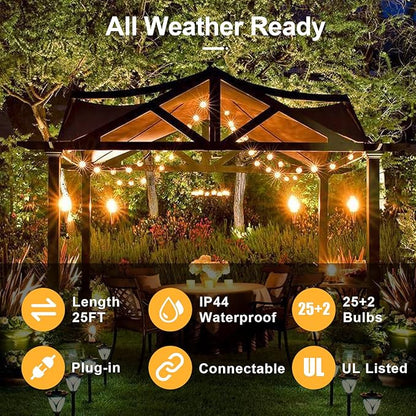 25Ft Christmas Outdoor String Light, G40 Globe Patio Lights with 27 Clear Glass Bulbs(2 Spare), Waterproof Connectable Hanging Christmas Lights for Backyard Porch Balcony Party Xmas Decor, Green Wire