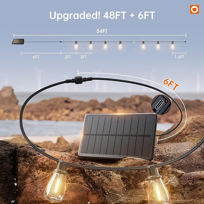 addlon 54FT(48+6) Solar String Lights Outdoor Waterproof with USB Port & Remote Control Dimmable Solar Patio Lights IP65 Solar Powered Edison LED Bulbs for Outside Bistro Camping