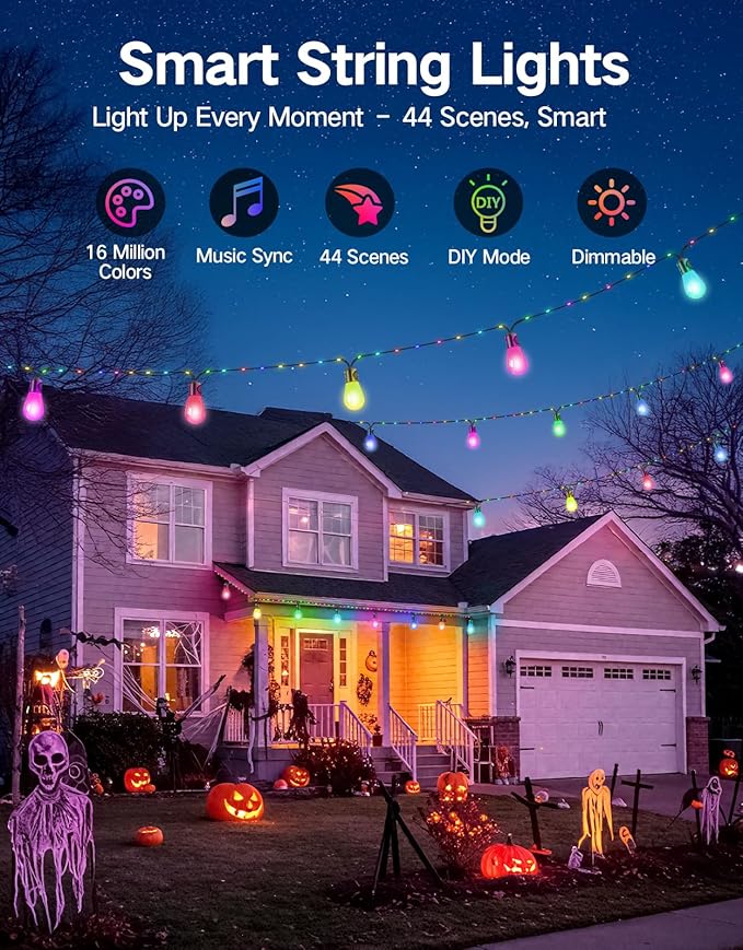 OUTON Outdoor String Lights, 46FT RGBAI Smart Festoon Lights Outdoor, Waterproof IP65, Remote & APP Control, Works with Alexa, Google Assistant, Dimmable Warm White Garden Lights for Backyard Party