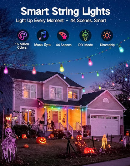 OUTON Outdoor String Lights, 46FT RGBAI Smart Festoon Lights Outdoor, Waterproof IP65, Remote & APP Control, Works with Alexa, Google Assistant, Dimmable Warm White Garden Lights for Backyard Party