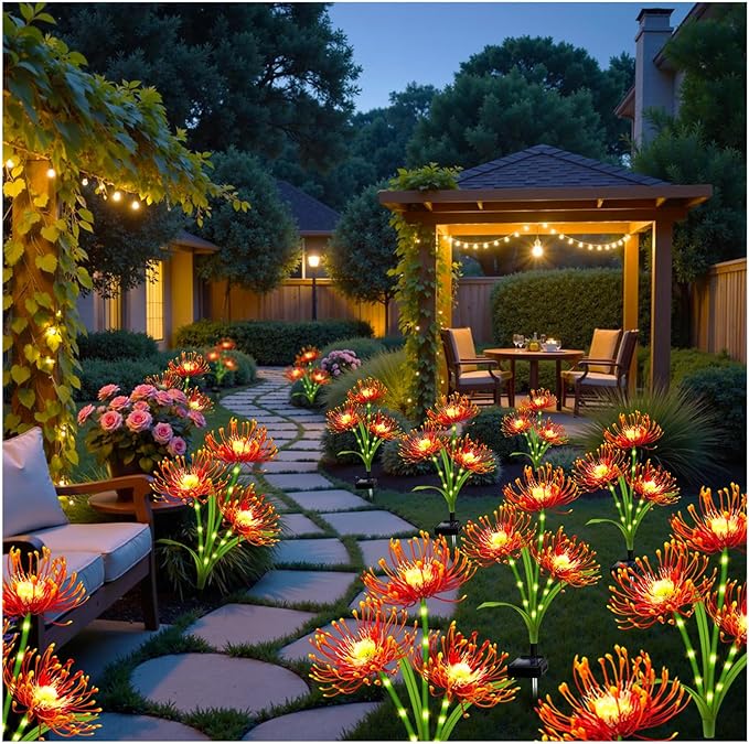 Solar Garden Flower Lights Outdoor,8 Pack Orange Spider Lily Lights with Glowing Stems,Waterproof Fall Decor Solar Yard Decor for Patio Lawn Pathway,Thanksgiving Garden Gifts for Women Mom Grandma