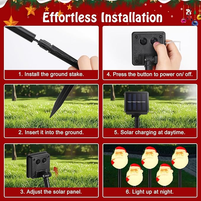 Lewondr Solar Christmas Pathway Lights, 5 PCS Solar Christmas Decorations Outdoor with 2 Lighting Modes, Santa Claus Lights with Garden Stake, Waterproof Garden Yard Lawn Patio Walkway Holiday Decor