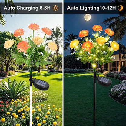 2 Pack Solar Flower Lights Outdoor - 14 Blooming Waterproof Snow Lotus Garden Lights for Festive Patio, Yard, Pathway, and Landscape Decoration - Auto On/Off, IP65