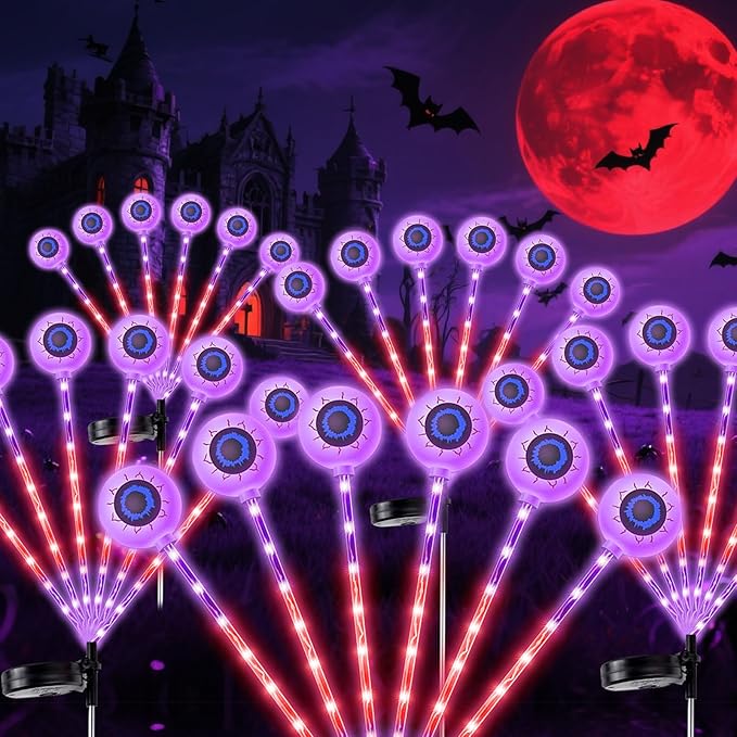 Halloween Decorations Outdoor, Solar Scary Eyeball Lights Swaying by Wind, Purple Solar Lights Outdoor Waterproof, Solar Pathway Firefly Lights, Halloween Decor for Yard, Lawn, Garden