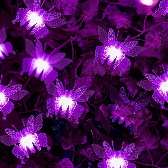 Butterfly String Lights,AMZSTAR Waterproof 20FT 30LED Butterfly Solar Light Outdoor Solar Rope Lights Fairy Light Decorative Garden Lights for Cafe Patio Party Garden Wedding (Purple)