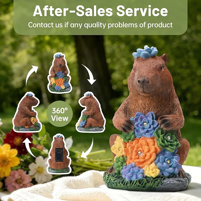 Solar Capybara Statue Outdoor Decor,Capybara Figurines with Flower LED Light,Zen Friend for Patio Pond,Yoga Garden Spaces,Housewarming for Women