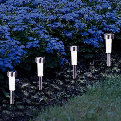 Crosslight Solar Powered Pathway Lights (4 Pack) - Outdoor Stainless Steel White LED Lights, Waterproof for Garden, Yard, Patio, Lawn, Walkway - Decorative Ground Stake Lighting | Silver