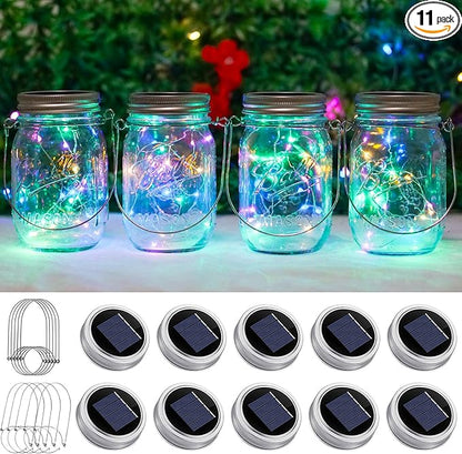 SmilingTown Solar Mason Jar Lights 10 Pack 20 LED Waterproof Outdoor Fairy Firefly String Light Lids with 10 Hangers Rust Resist for Patio Lawn Garden Wedding Lantern Decor No Jars (Multi)