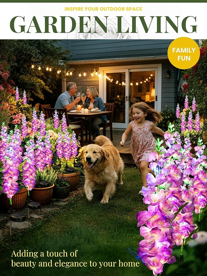 GIGALUMI Solar Lights Outdoor for Garden Decor, 3 Pack Solar Flower Lights Waterproof, 2 Lighting Modes Delphinium for Pathway,Yard, Patio Decoration, Gardening Gifts for Women (Purple)