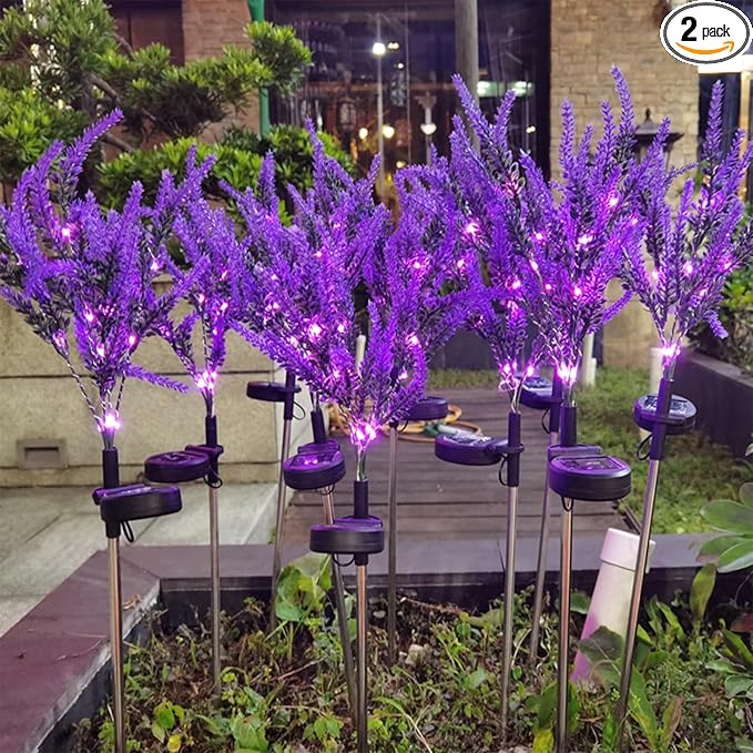 Solar Light Outdoor Garden Decorative Lavender Flowers 2 Pack, Waterproof Solar Garden Lights with Purple Flowers, Color Changing LED Solar Powered Landscape Lights for Yard Garden Patio