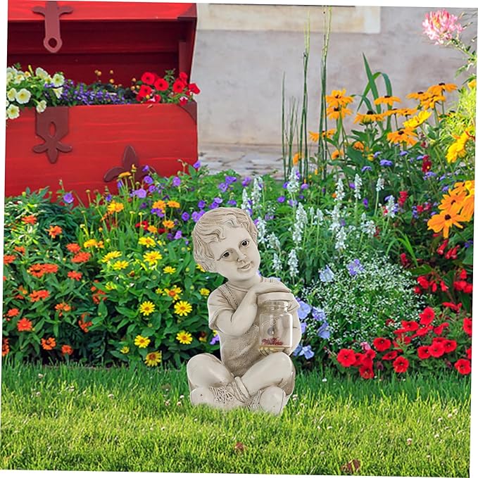 Garden Solar Powered Little Boy Figurines Statue Solar Lights Outdoor Boy Statue | Lumora