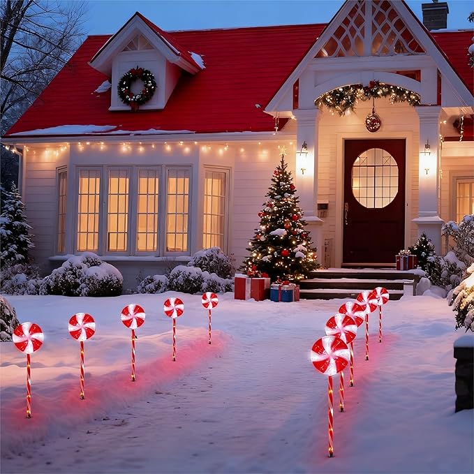 BRIGHTDECK Lollipop Solar Christmas Pathway Lights Outdoor, 10 Pack LED Christmas Decor with 8 Lighting Modes, Light Up Solar Stake Lights for Holiday, Xmas, Walkway, Sidewalk (Red, 10 PCS)