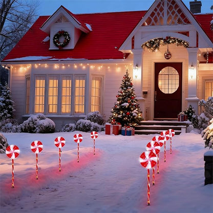 BRIGHTDECK Lollipop Solar Christmas Pathway Lights Outdoor, 10 Pack LED Christmas Decor with 8 Lighting Modes, Light Up Solar Stake Lights for Holiday, Xmas, Walkway, Sidewalk (Red, 10 PCS)