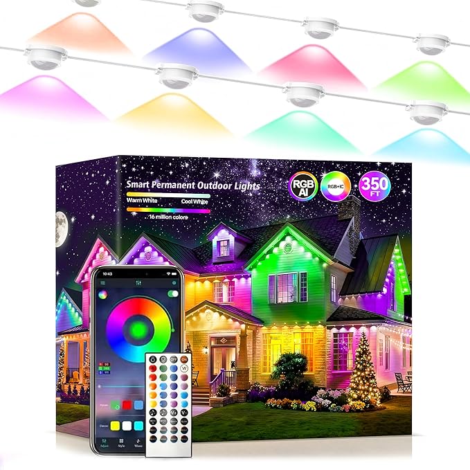Permanent Outdoor Lights 350ft RGB+IC Outdoor String Lights App Control IP67 Waterproof,120 Scene Modes Decorations | Lumora