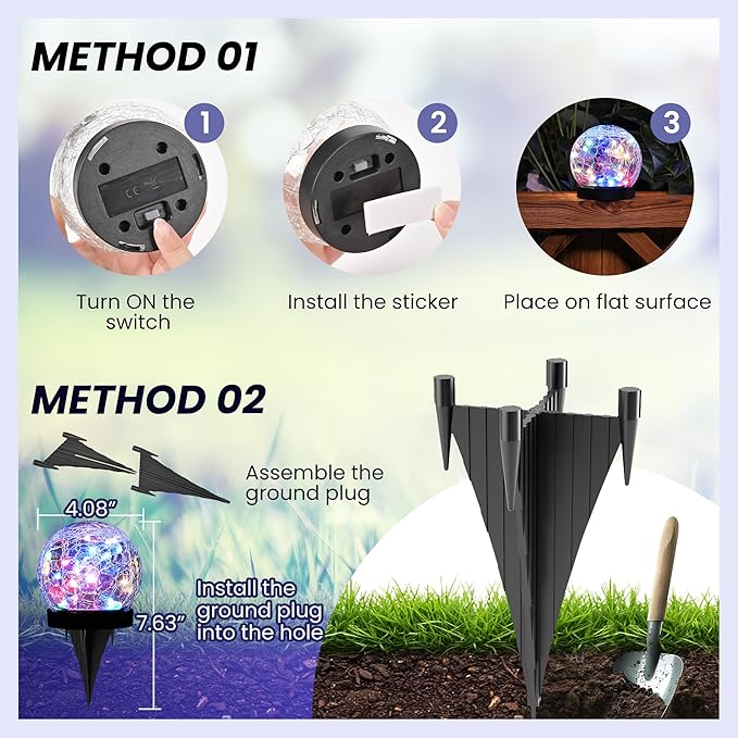 Solar Lights Outdoor for Yard Patio Porch, Garden Decor Birthday Gifts for Mom Women, Solar Globe Lights Waterproof Cracked Glass Ball Outdoor Decorations Balcony Backyard (4 Pack Multicolor)