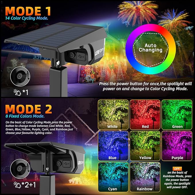 Solar Spot Lights Outdoor Color Changing, IP65 Garden Lights Solar Powered Waterproof with 9 Light Modes, Colored | Lumora