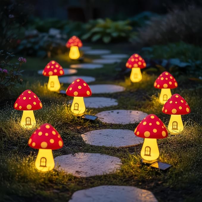 Yard/Garden Decorations, 4-Pack Yimmloome Ourdoor Warm-House Mushroom Solor LED Light for Garden Pathways, Patios, Flower Beds, or Balconies