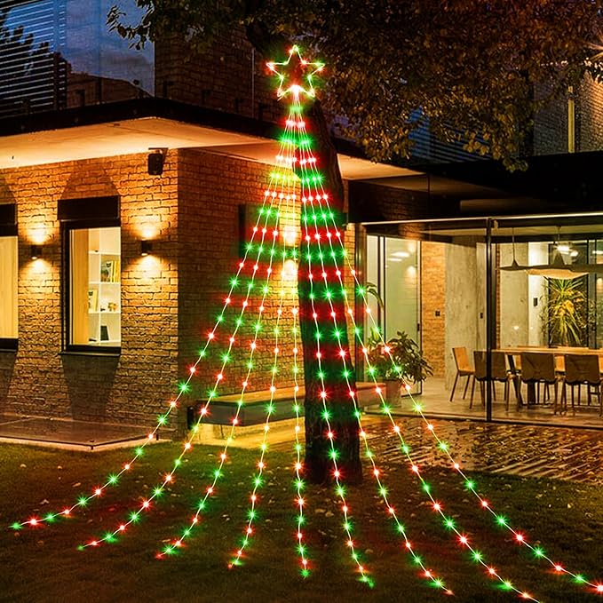 Christmas Decorations Star String Lights - 344 LED 11.8ft 9 Strands Waterfall Tree Lights with Topper Star, 8 Lighting Modes Indoor Outdoor Decorative Lights for Wedding Yard Party Home, Red & Green