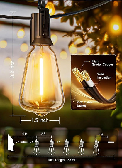 Brightown 58FT Solar String Lights Outdoor Waterproof with Remote, 25+1 Shatterproof LED Bulbs, Dimmable & Timable, 3 Light Modes, 2700K Solar Lights Outdoor for Patio, Camping, Yard, Party Decor