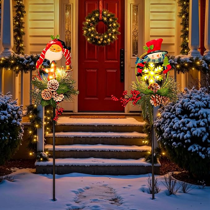 Tryme Solar Christmas Garden Lights - Outdoor Decorations Snowman & Xmas Santa Claus with Pine Cones, for Women