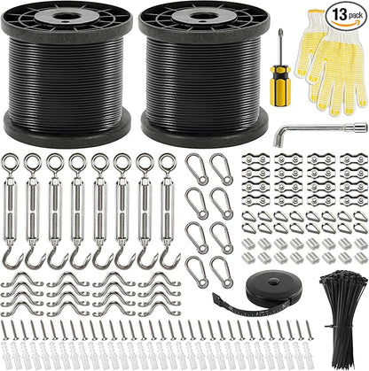 400 Ft String Light Hanging Kit Outdoor, Nylon Coated Stainless Steel 304 Wire Rope, String Light Kit Included Enough Accessories, Guide Wire for Outdoor String Lights, Patio Lights, Camping Lights